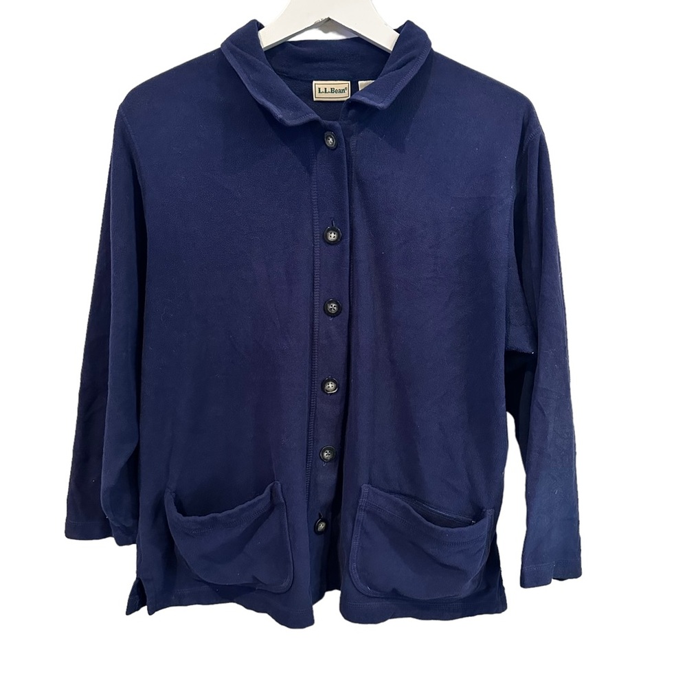 LL bean vintage fleece navy blue button‎ up sweater women’s sz PL farm preppy